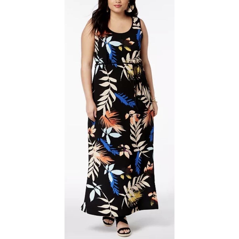 FOX + ROYAL Plus 2X Black Soft Palm Leaf Sleeveless Print Maxi Dress